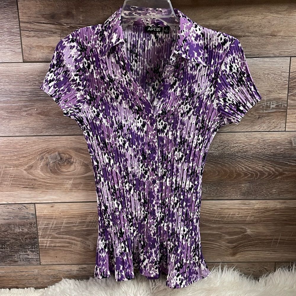 APT 9 Ladies Ruched Short Sleeve Button Front Purple Dress Blouse Size Medium